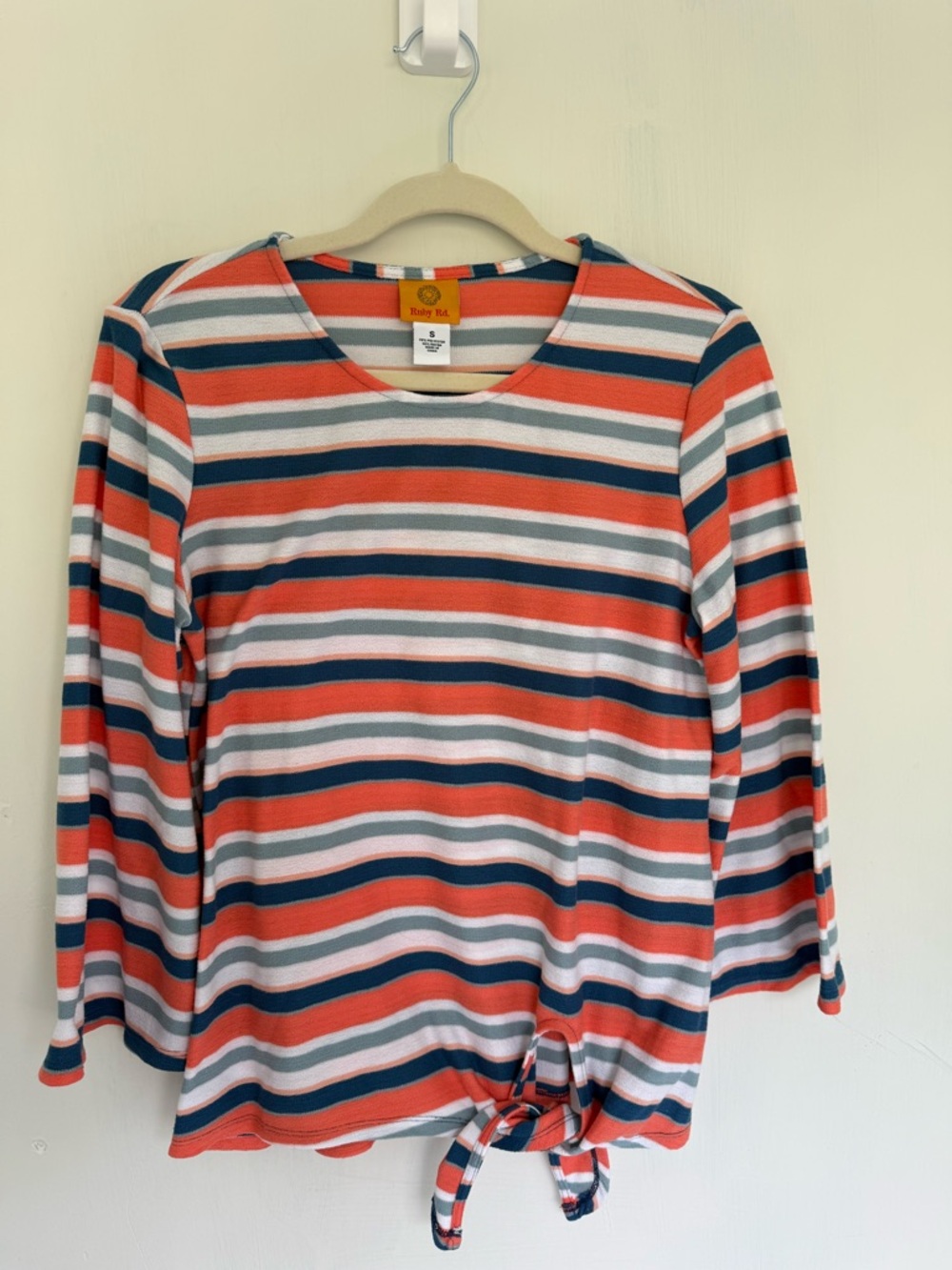 Ruby Rd. Coral/Navy/White Striped Long Sleeve Tie-Front Tee with Bell Sleeves